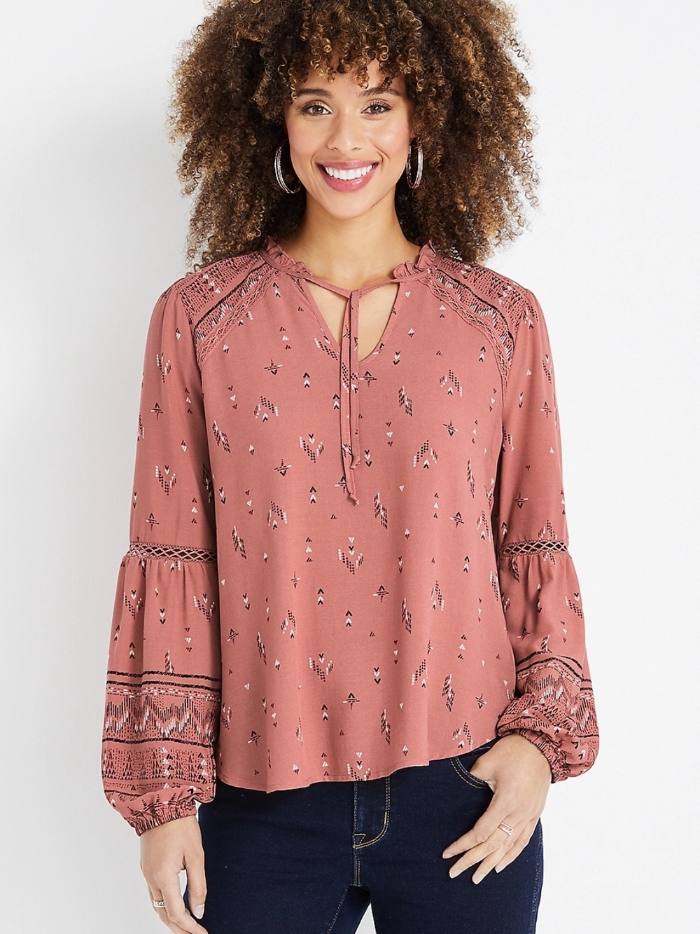 Women’s Dusty Rose Boho Tie-Neck Blouse